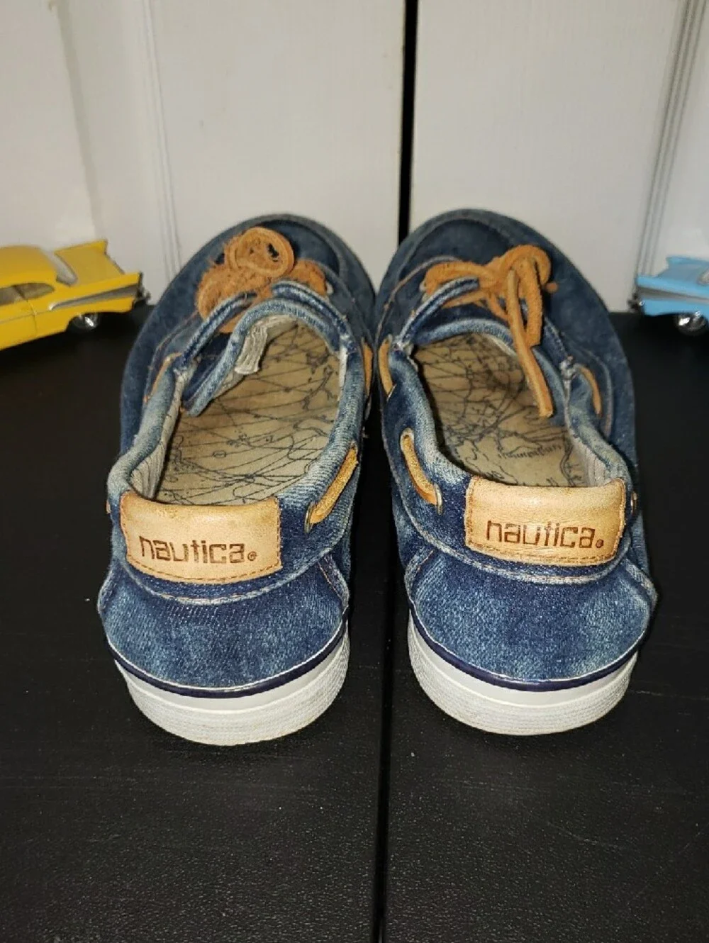 Nautica Men’s Denim-Style Boat Shoes in Blue with Tan Laces
